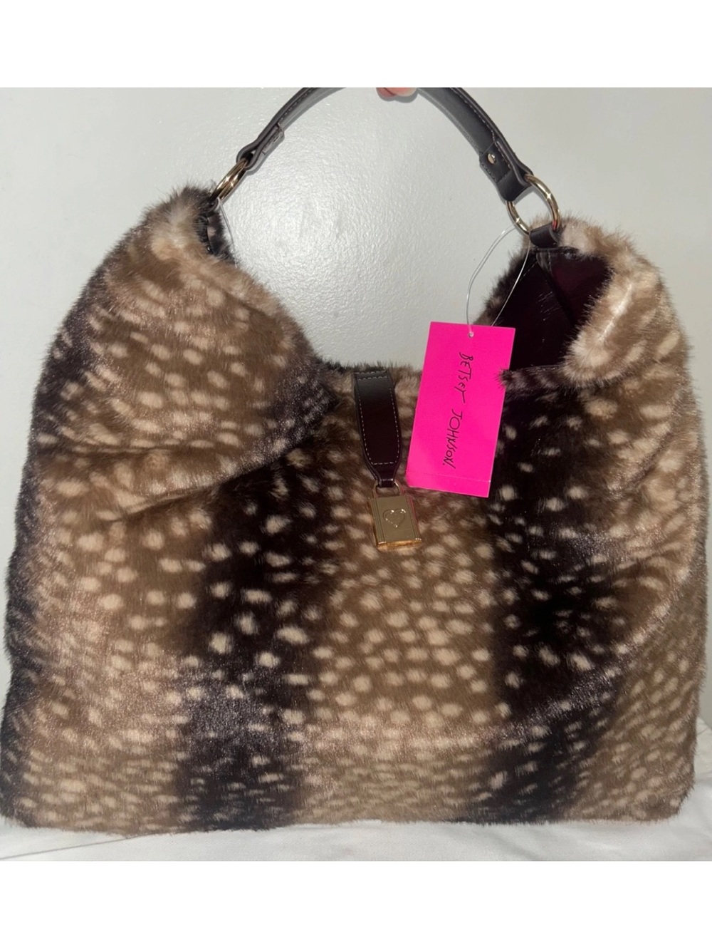 NEW! BETSEY JOHNSON XOTELLY Faux Fur Deer Print Large Hobo Bag Tan Multi
